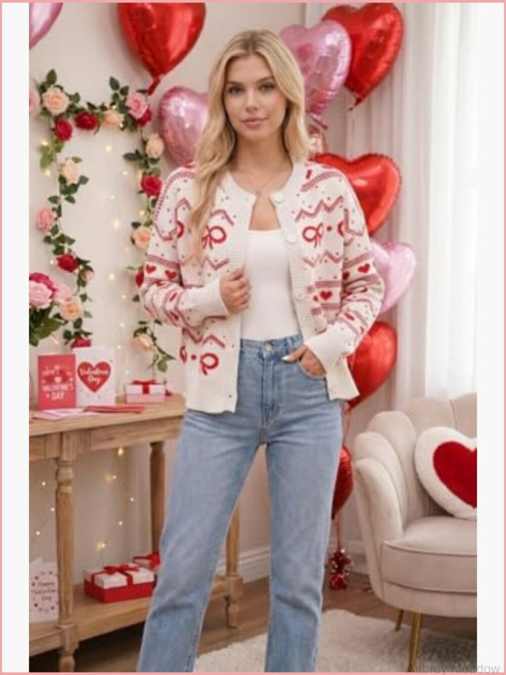 Kawaii Bow Heart Pattern Cropped Button Up Cardigan Sweater - Picture 6 of 7